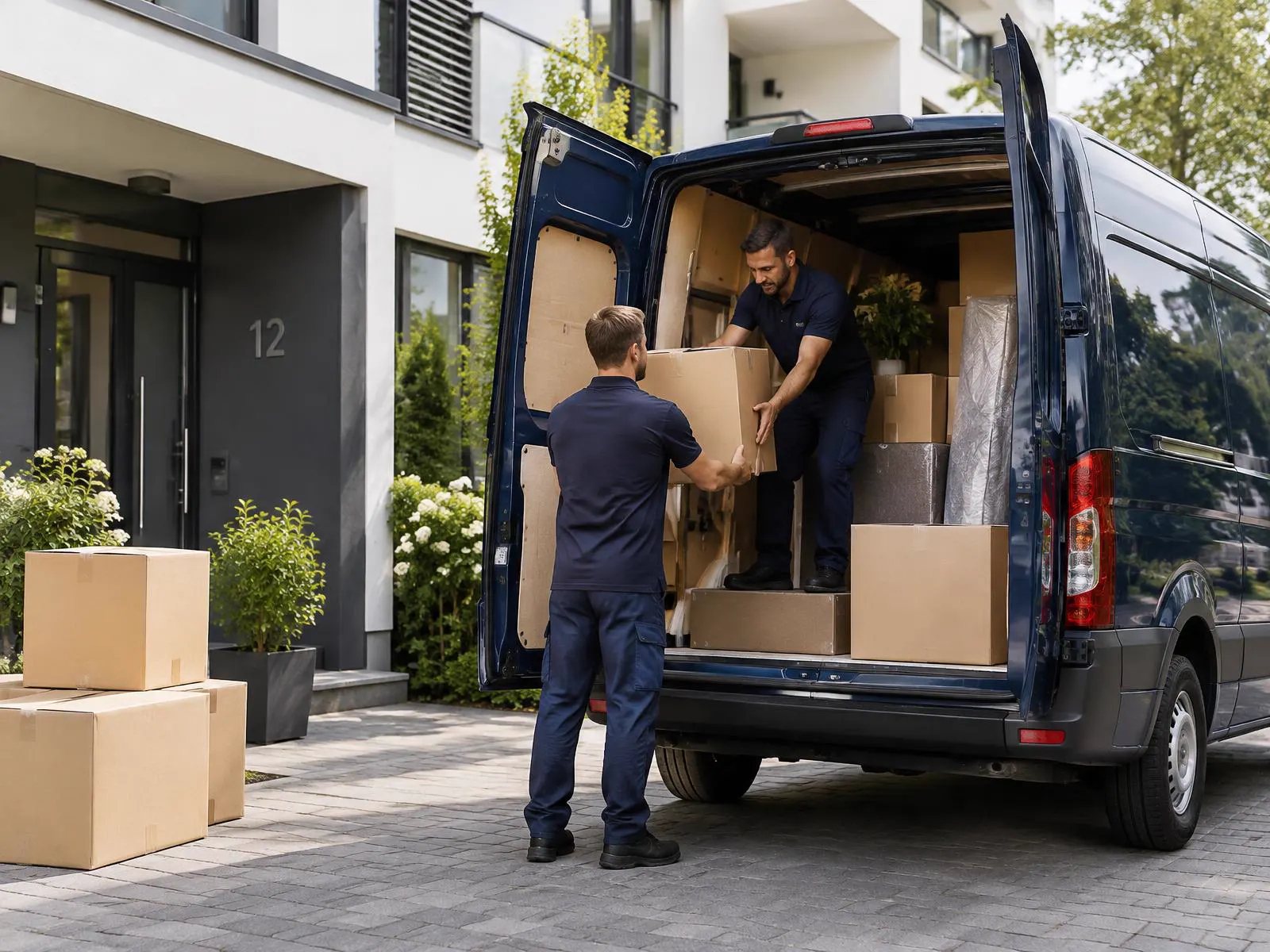 Zwei Umzugshelfer verladen Umzugskartons in einen dunkelblauen Transporter vor einem modernen Wohnhaus