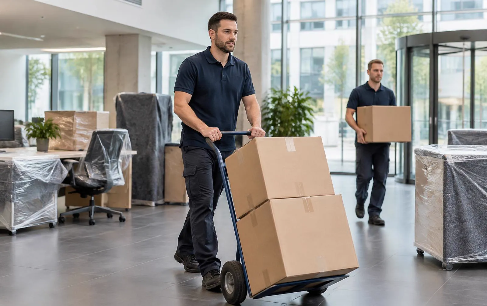 Umzugshelfer schiebt eine Sackkarre mit Kartons durch ein modernes Bürofoyer, Büromöbel sind mit Folie geschützt