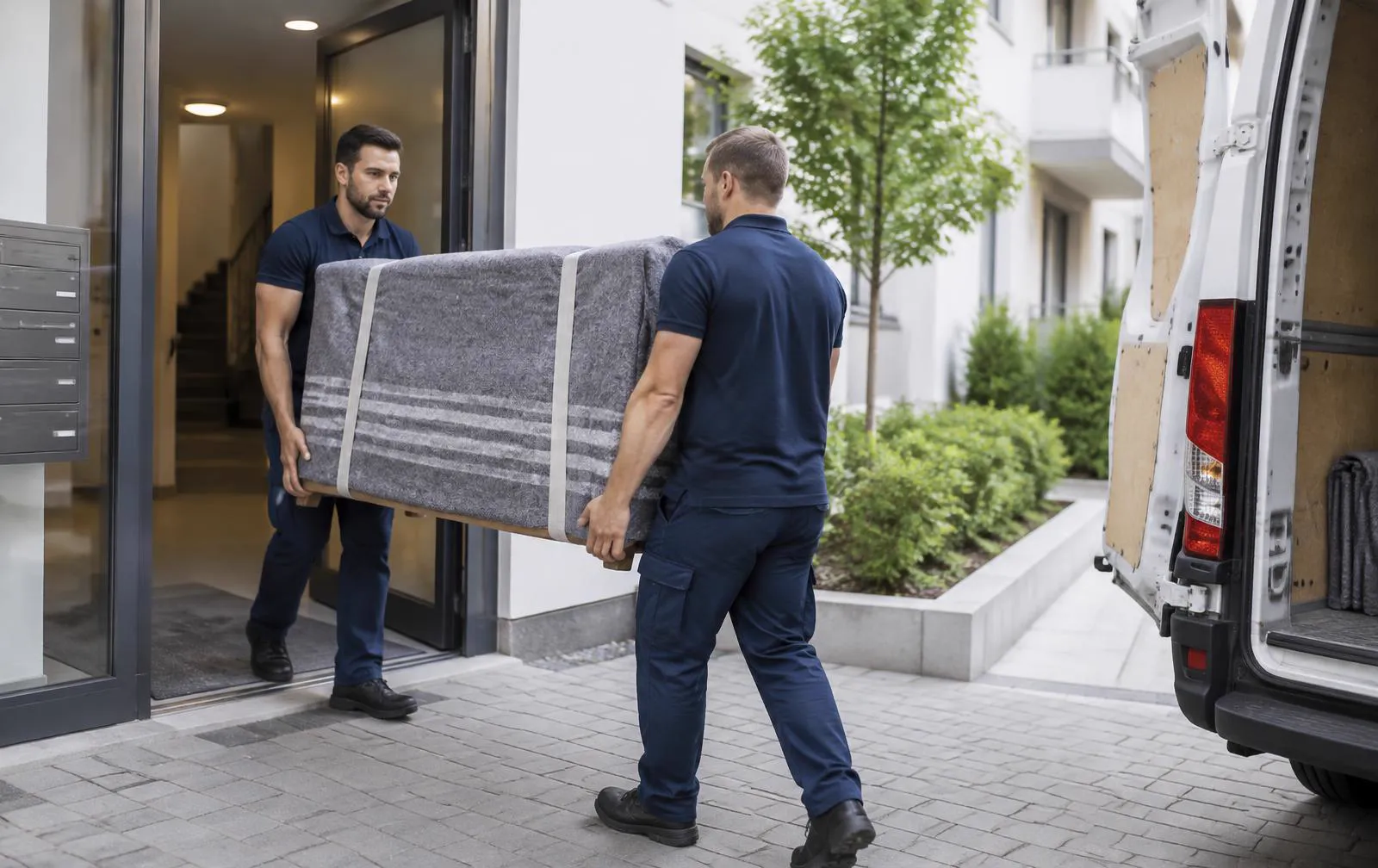 Zwei Umzugshelfer tragen eine mit Decken geschützte Kommode aus einem Wohnhaus zu einem Transporter
