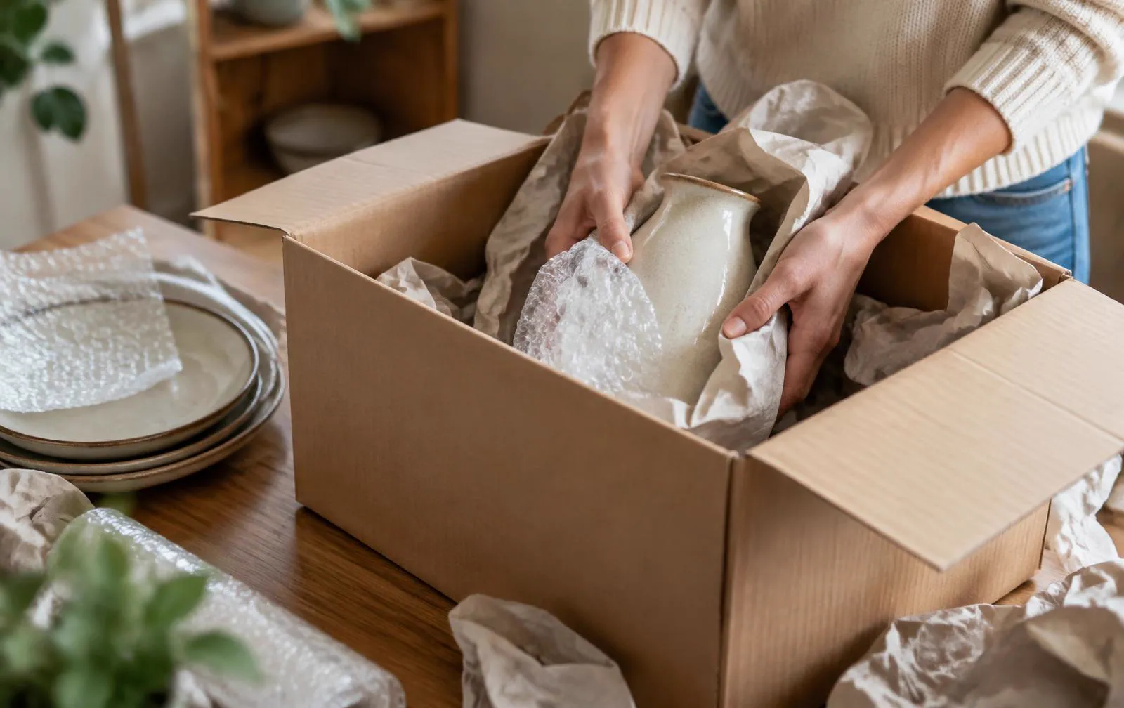 Hände wickeln eine Keramikvase in Packpapier und Luftpolsterfolie und legen sie in einen Umzugskarton