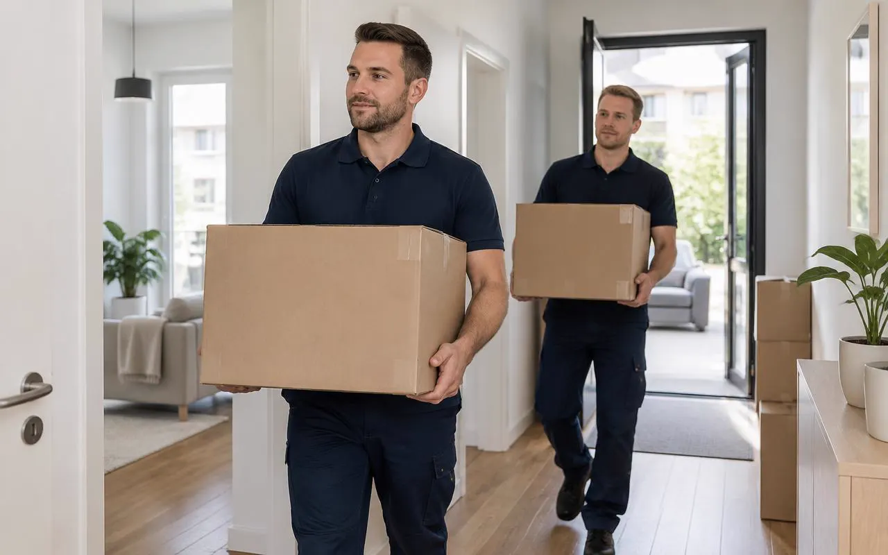 Zwei Umzugshelfer tragen Umzugskartons durch den Flur einer hellen Wohnung