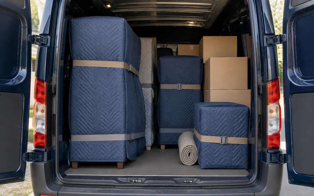 Laderaum eines Transporters mit in Decken gehüllten, festgezurrten Möbeln