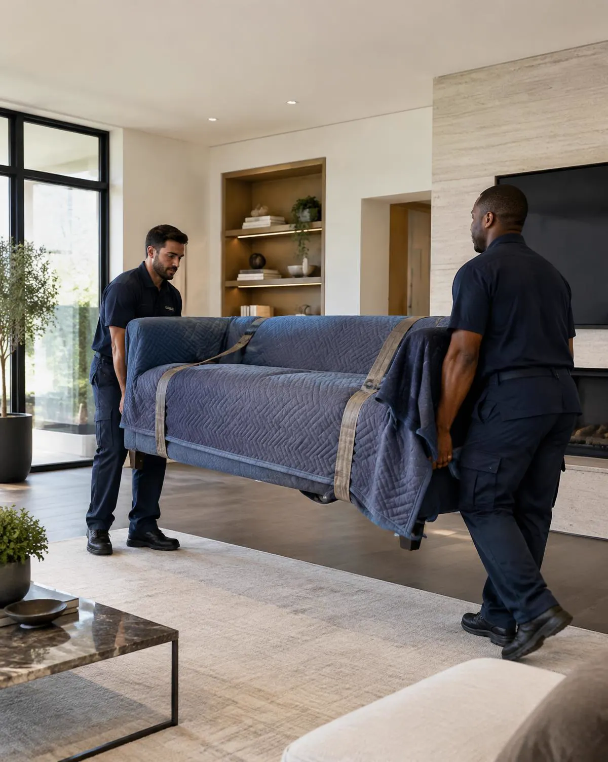 Zwei Umzugshelfer tragen ein mit Schutzdecken gesichertes Sofa durch ein modernes Wohnzimmer